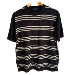 Burberry London Vintage Black and Grey Stripe Knit Short Sleeve Crewneck Sweater